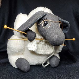 Plush Knitting Granny Sheep Stuffed Animal Black White Knit Needle Sewing 14”